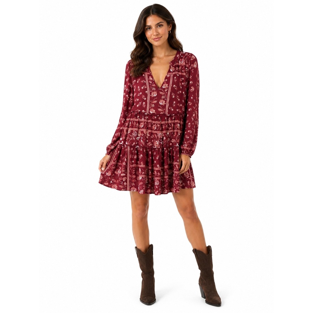 Knox Rose Burgundy Floral Tiered Boho Mini Dress Long Sleeve V-Neck Small NWT